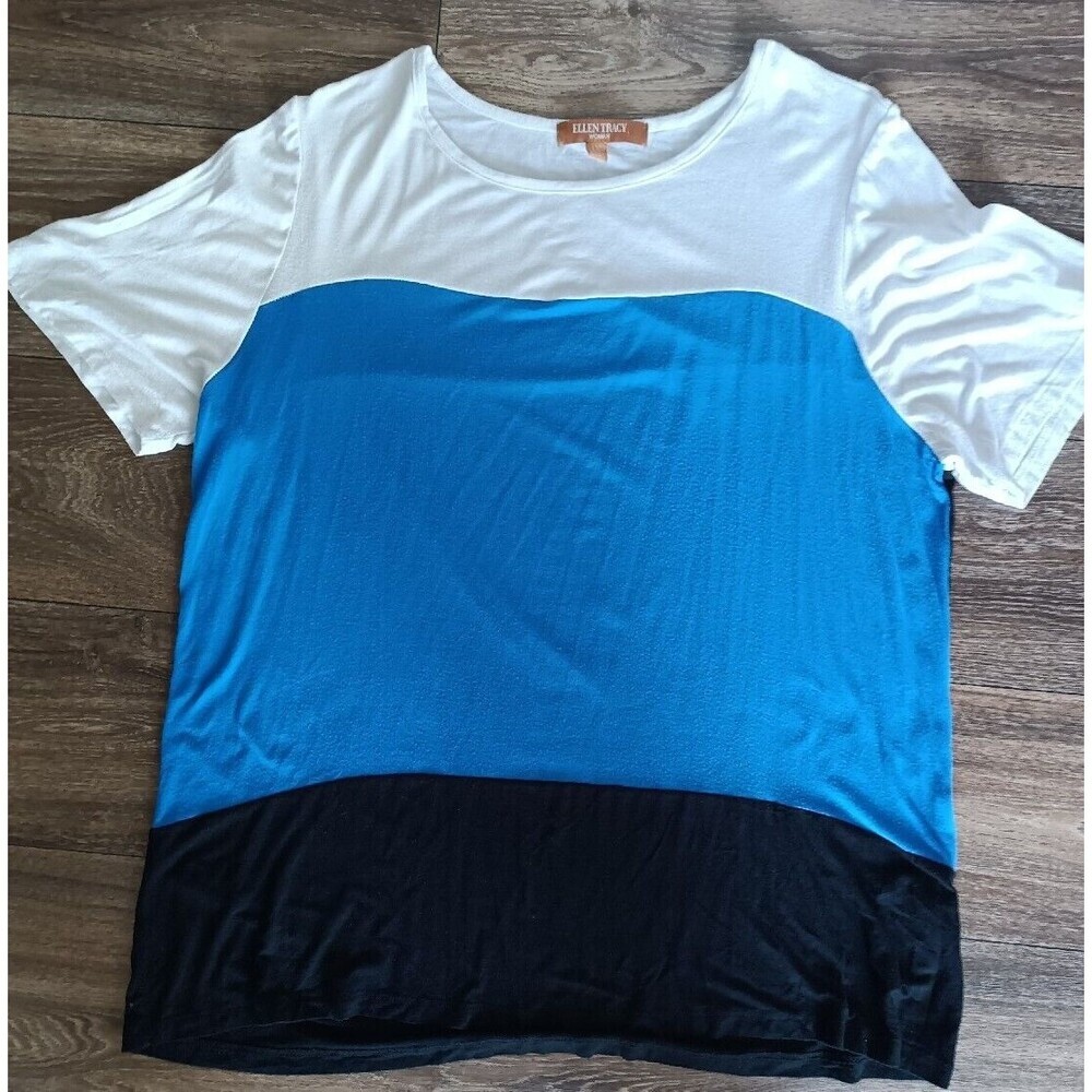 Ellen Tracy Shirt Womens 1X Blue White Black Color Block Tee Shirt Short Sleeve